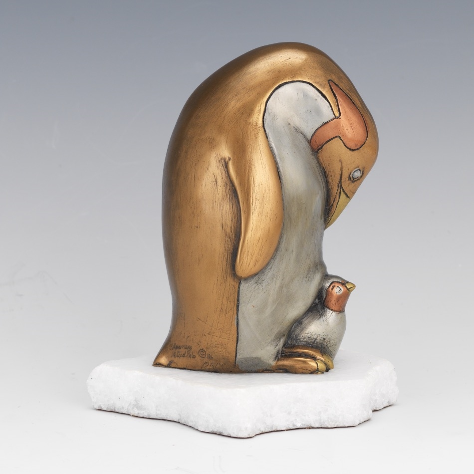 David Chesney Bronze mother penguin and chick MutualArt