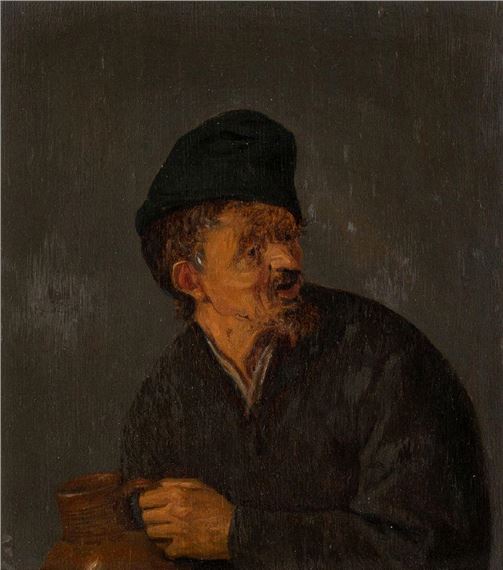 A Peasant man wearing a cap and holding a jug by Adriaen van Ostade, 1646