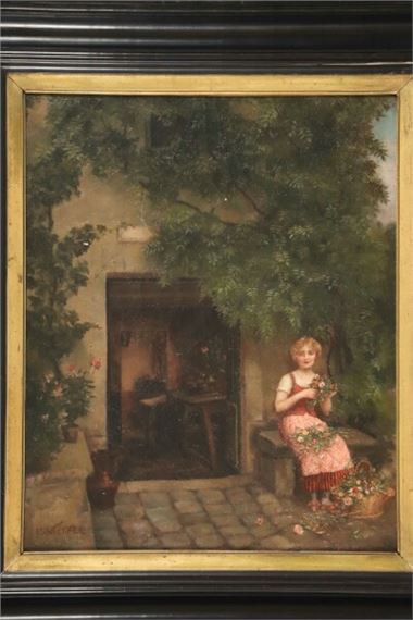 Jeune fille et panier fleuri sur le perron by Emile Nickels