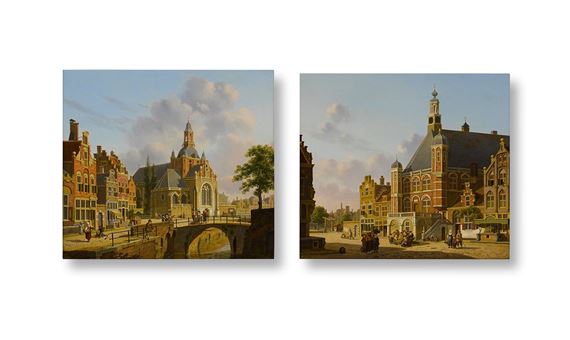 A Church along a Canal, Holland; A Busy Town Square, Holland by Jan Hendrik Verheijen
