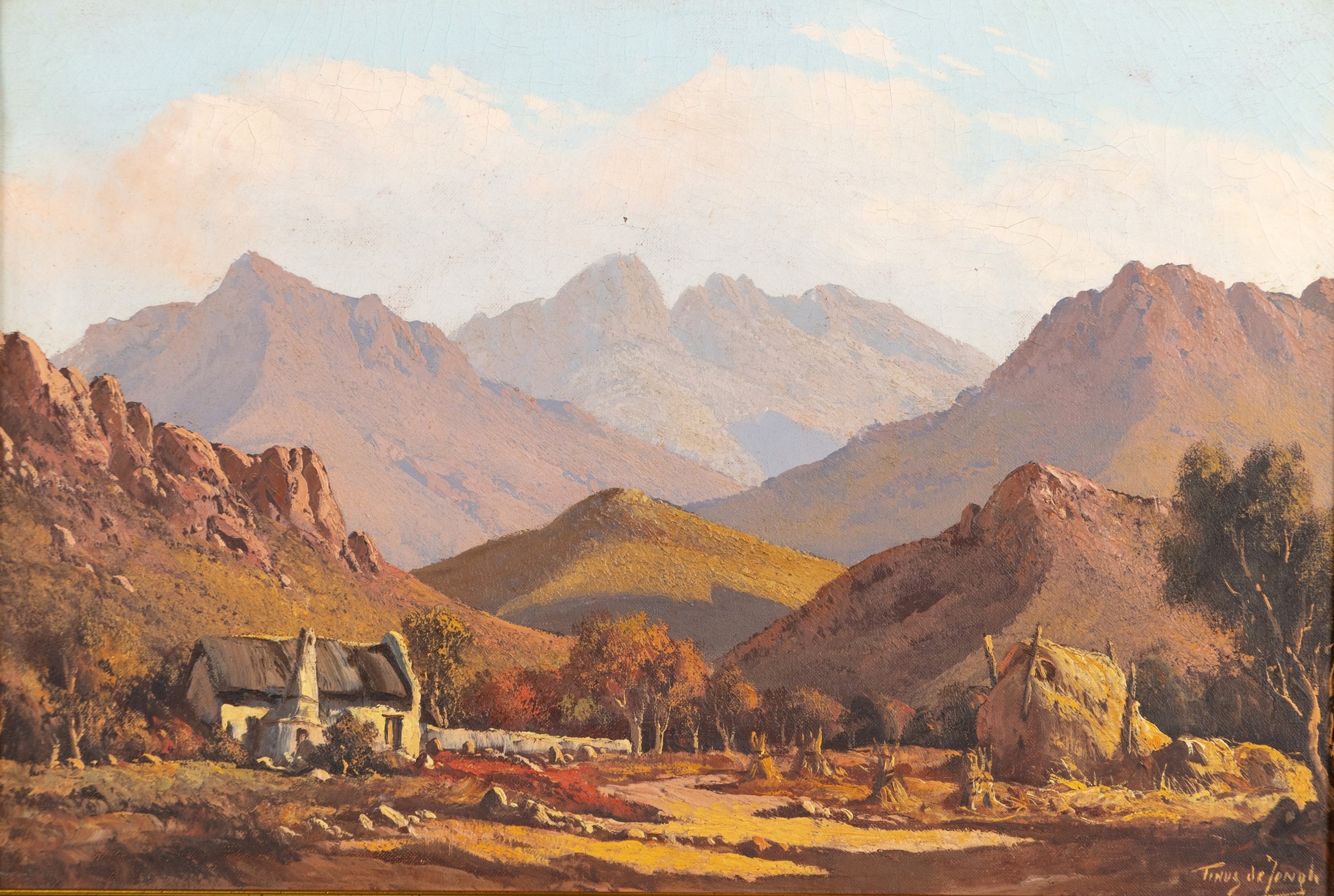 Artwork by Tinus‏ de Jongh, COTTAGE AMONGST MOUNTAINS, Made of oil on canvas