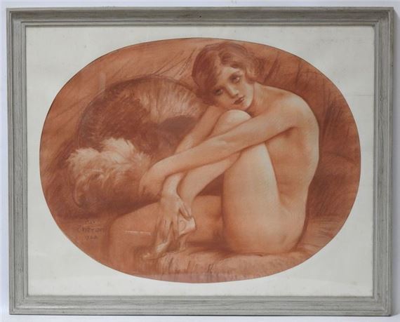 Female nude sitting with a shoe. - Max Jules Théron