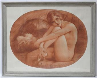 Female nude sitting with a shoe. - Max Jules Théron