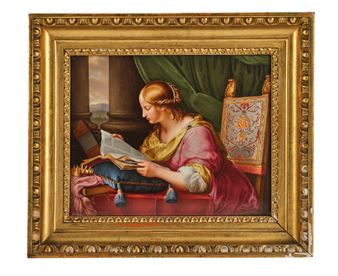 of rectangular form, the body with colourful depiction of the saint reading a book in an interior, in the background columns and view of the landscape, in front of her is the wheel with knives, height 21.5 x 27 cm, with frame 31.5 x 36.8 cm (Ru) - Claudius Herr