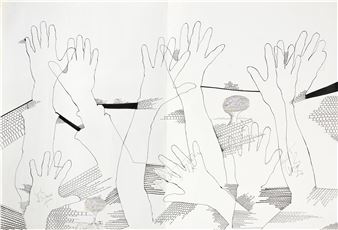 A monochromatic line drawing of multiple raised hands reaching toward a distant tree.