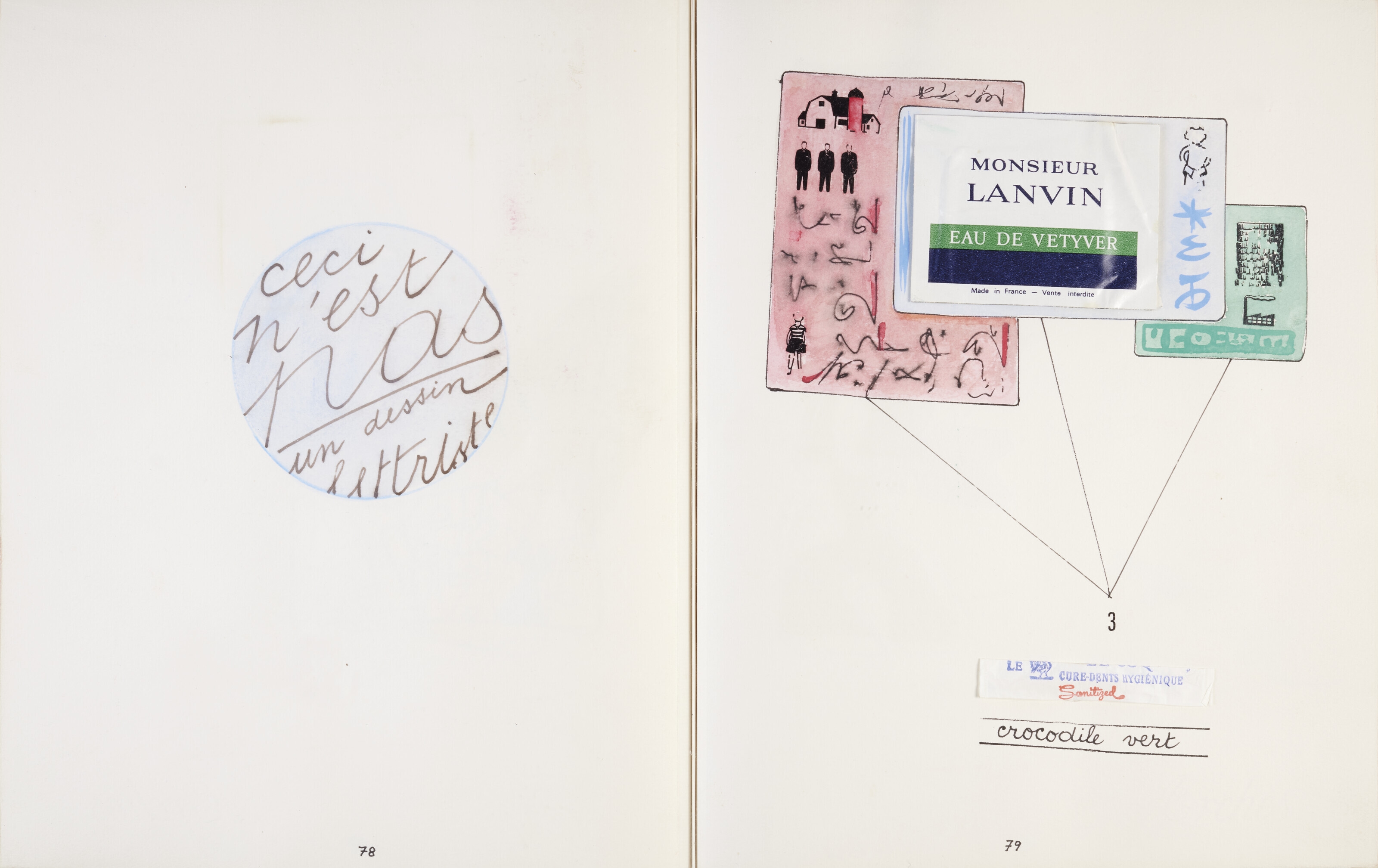 Artwork by Maurice Bismuth Lemaître, Les Heures de Jean Parizel, Made of drawings in gouache, watercolor or colored pencils, transfers and collages of the most diverse objects including a razor blade, paper clips, a sponge, a sachet of sugar, a calligraphy pen, magazine extracts, etc