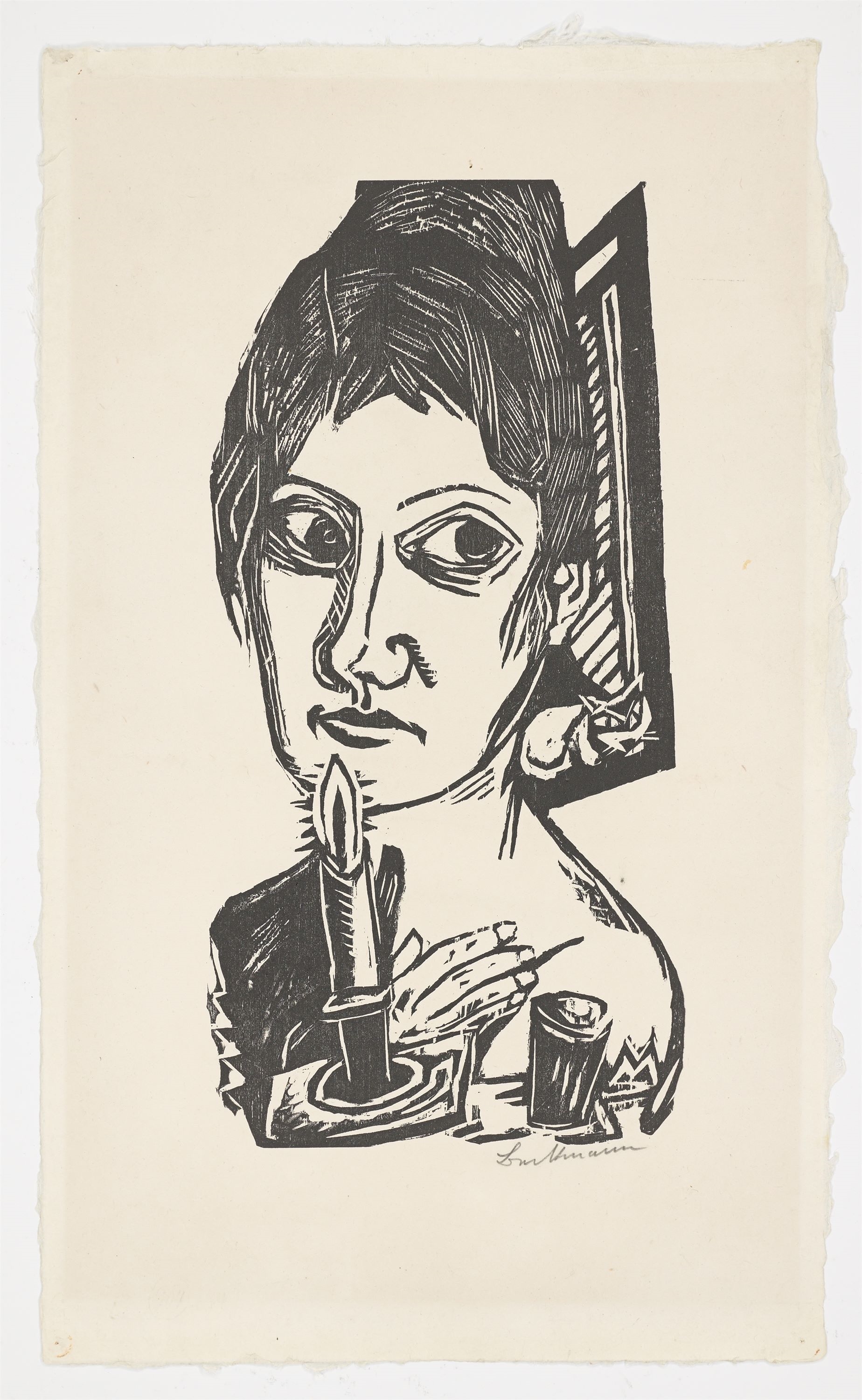 Artwork by Max Beckmann, ”Frau mit Kerze”., Made of Woodcut on Japan paper