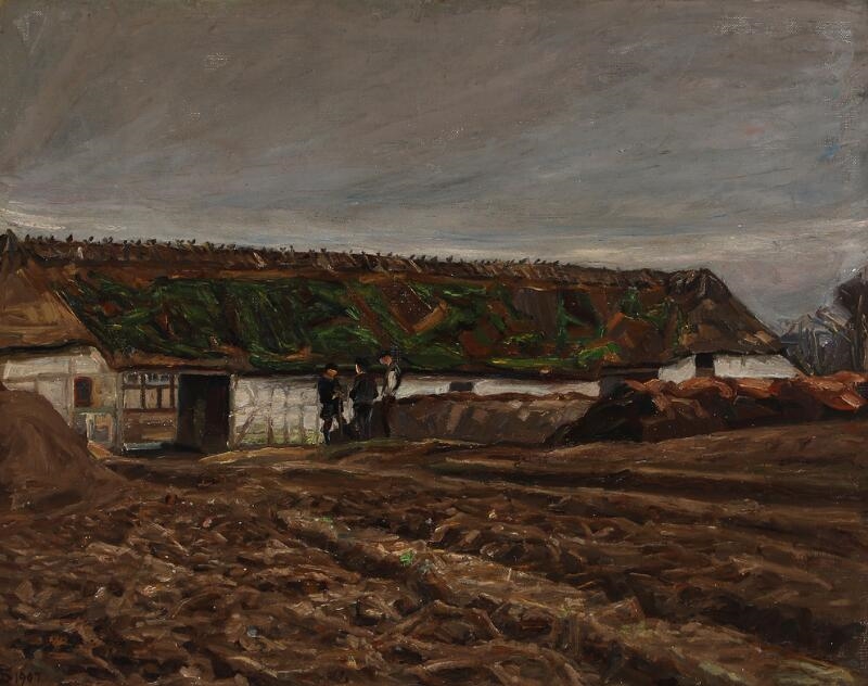 Artwork by Fritz Syberg, View from a thatched farm with three farmers in conversation, Made of Oil on canvas