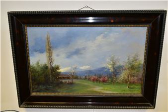 A path flanked by trees leads to low buildings with snow topped mountains beyond - E. Swinborne