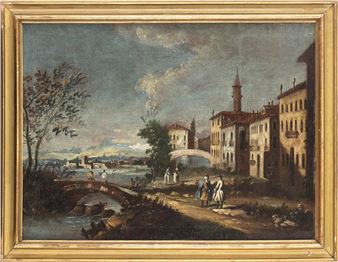 View of a Venetian town with figures, bridge and waterway - Maestro Delle Montagne Azzurre