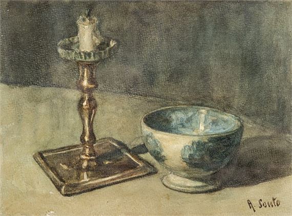 Naturaleza muerta con cerámica y candelabro - Alfredo Souto Y Cuero