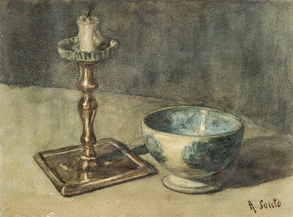 Artwork by Alfredo Souto Y Cuero, Naturaleza muerta con cerámica y candelabro, Made of watercolor on paper