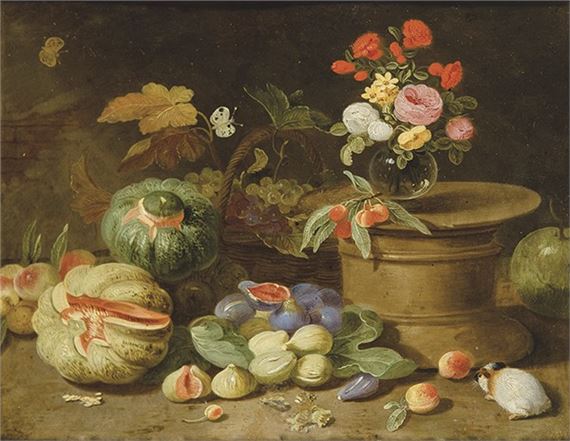 Bodegón con higos, calabazas, florero, mariposas y cobaya by Pseudo Jan van Kessel II