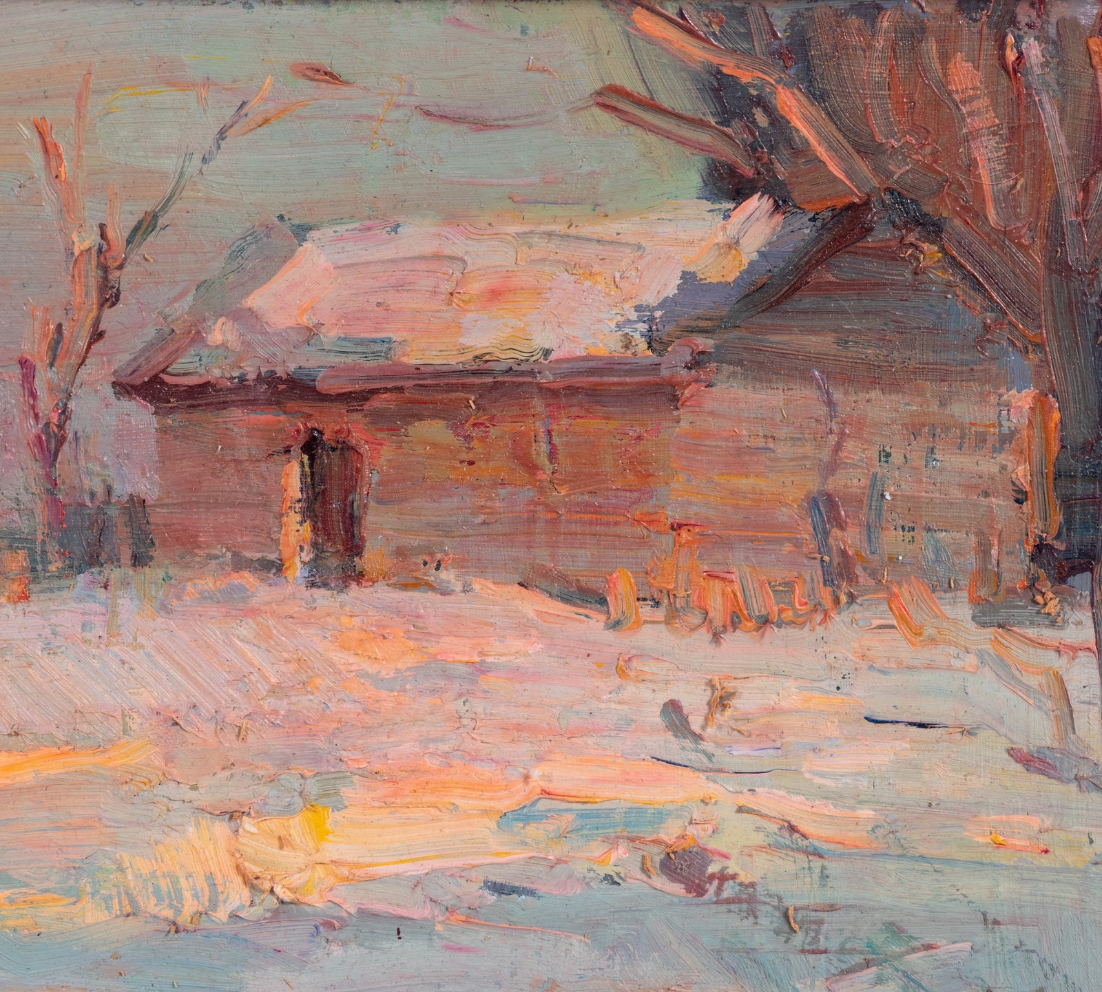 Artwork by Galust Berberian, Winter Barn II, Made of Oil on Board