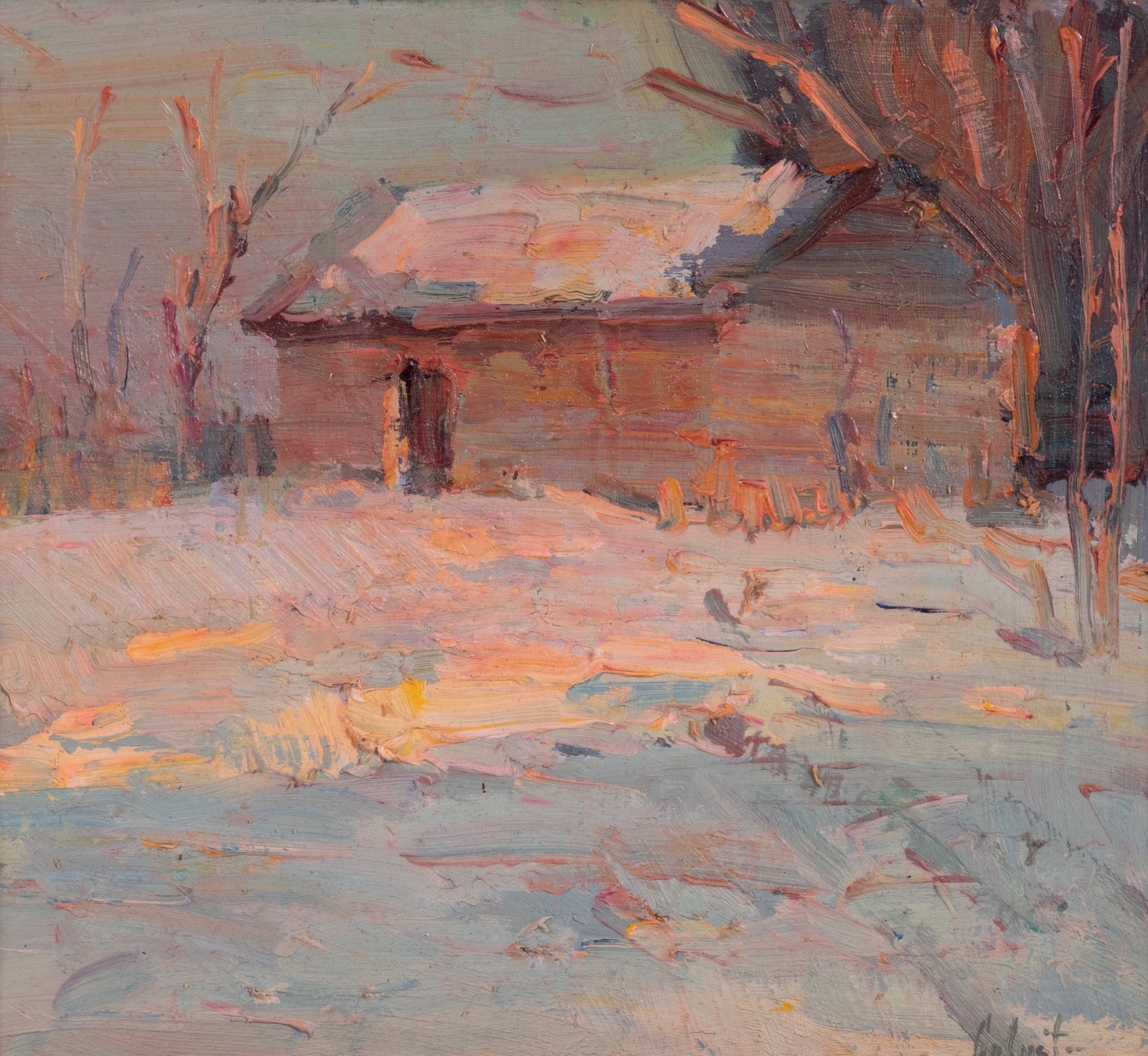 Artwork by Galust Berberian, Winter Barn II, Made of Oil on Board