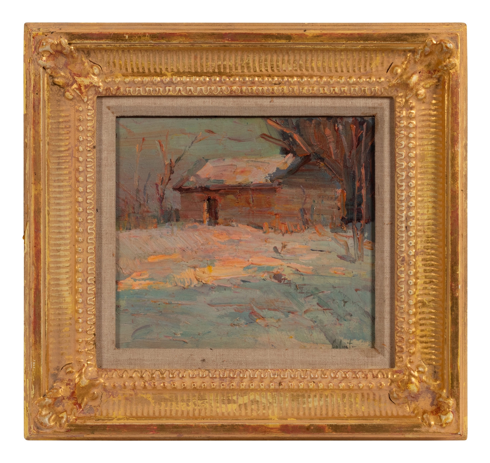 Artwork by Galust Berberian, Winter Barn II, Made of Oil on Board