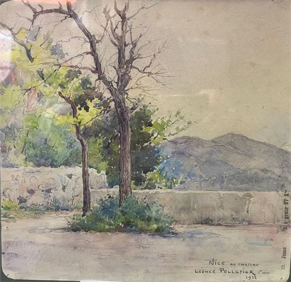 A watercolor landscape of a tree-lined path with distant hills.
