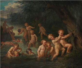 Children playing in a neoclassical landscape; Swimming - Jean Auguste Dubouloz