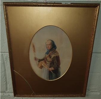 A 19th Century Watercolour of an elderly Woman, possibly Irish, Signed D E Robins. Possibly Delia E Robins 1836-1904. With possible description verso. 28 x 20 cm approx. - Delia Robins