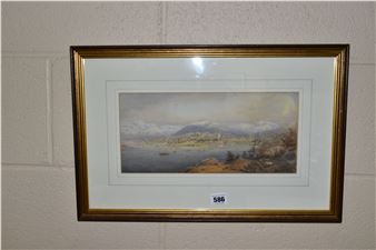 A VIEW ACROSS A BAY TO A VILLAGE BACKED BY SNOW TOPPED HILLS - Percival Hart