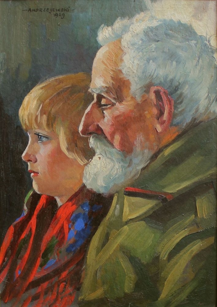 Artwork by Andrzejewski Szczepan, Weteran z wnuczką, Made of oil, cardboard