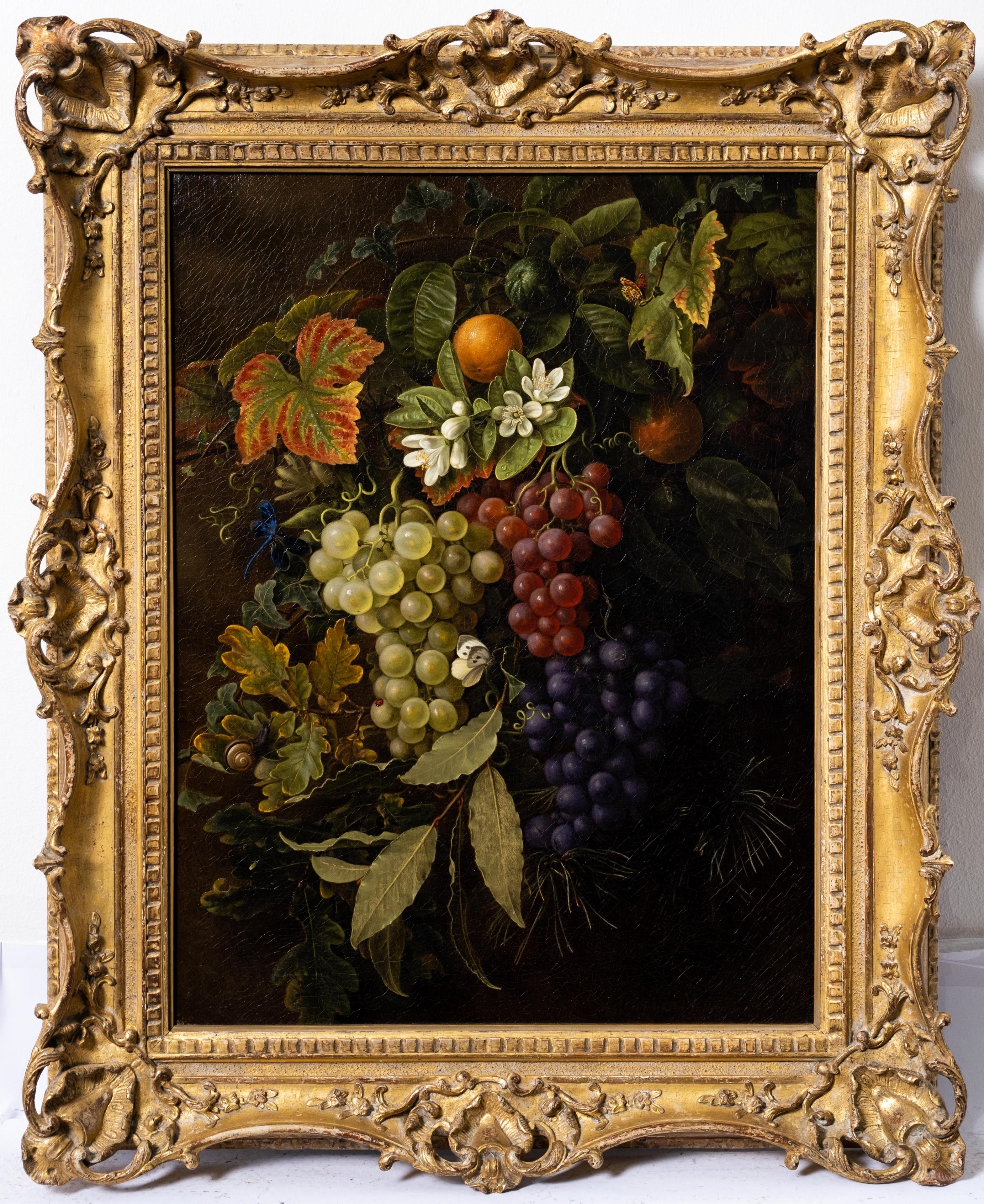 Artwork by Friedrike Meinert, A still life with grapes, oak leaves, oranges and a dragon fly, Made of oil on canvas