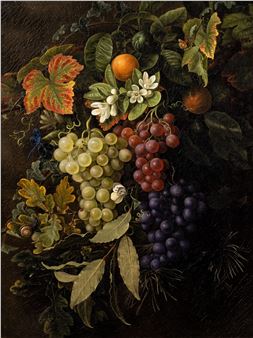 A still life with grapes, oak leaves, oranges and a dragon fly - Friedrike Meinert