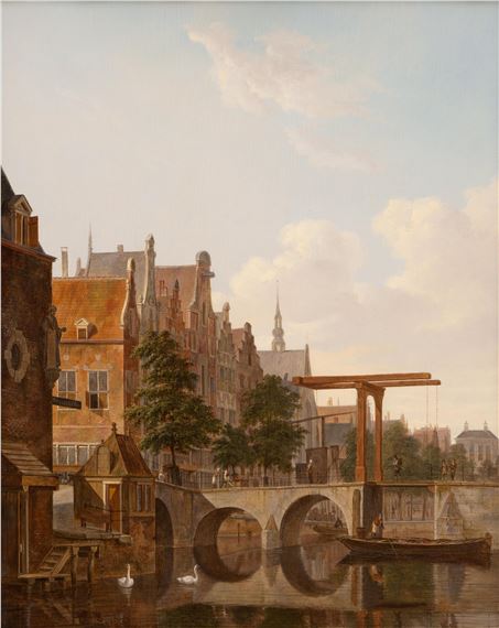 A sunlit city with a drawbridge by Jan Hendrik Verheijen
