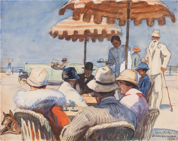An elegant company enjoying a drink on the boulevard of Scheveningen by Willy Sluiter, 1930
