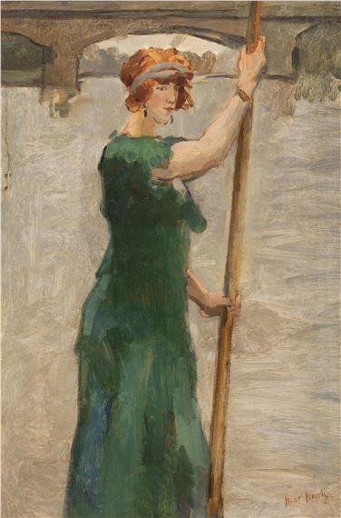 A woman in a green dress stands holding a long pole against a textured background.