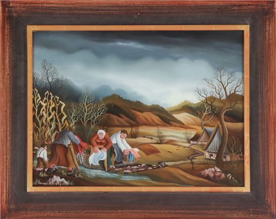 Bauernfamilie bei der Kleidungswäsche am Fluss - Konrad Peternelj