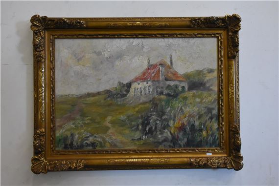 A framed oil painting of a white house on a grassy hill under an overcast sky.