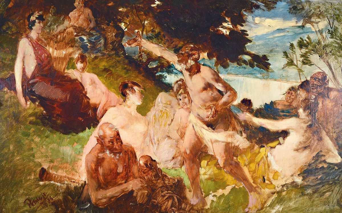 Artwork by Hermann Emil Pohle, antique feast under trees on the shore of a lake, Made of oil/canvas