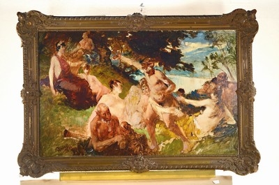 Artwork by Hermann Emil Pohle, antique feast under trees on the shore of a lake, Made of oil/canvas