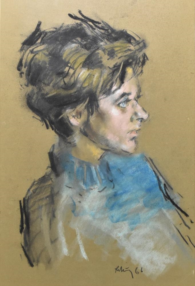 Harold Riley | portrait of a lady in a blue jumper (66) | MutualArt