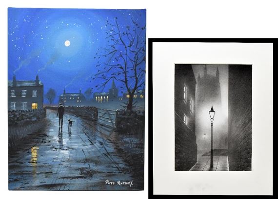 man and dog on a country lane at night by Peter Rumney