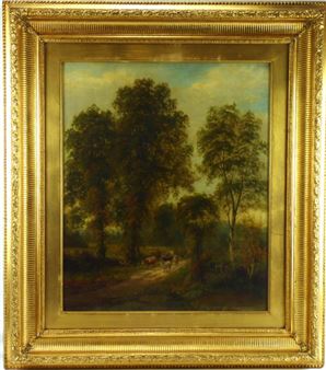 farmer with cows on track walking through woodland - Albert Gyngell