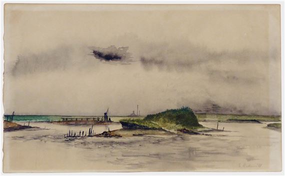A misty watercolor landscape of a river with small islands and distant hills under an overcast sky.
