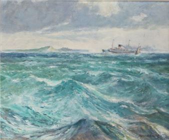 choppy seas with ship and coastline tot he rear, - Ernest Harington
