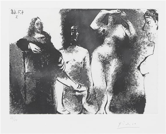 A black and white drawing of three nudes standing next to each other.