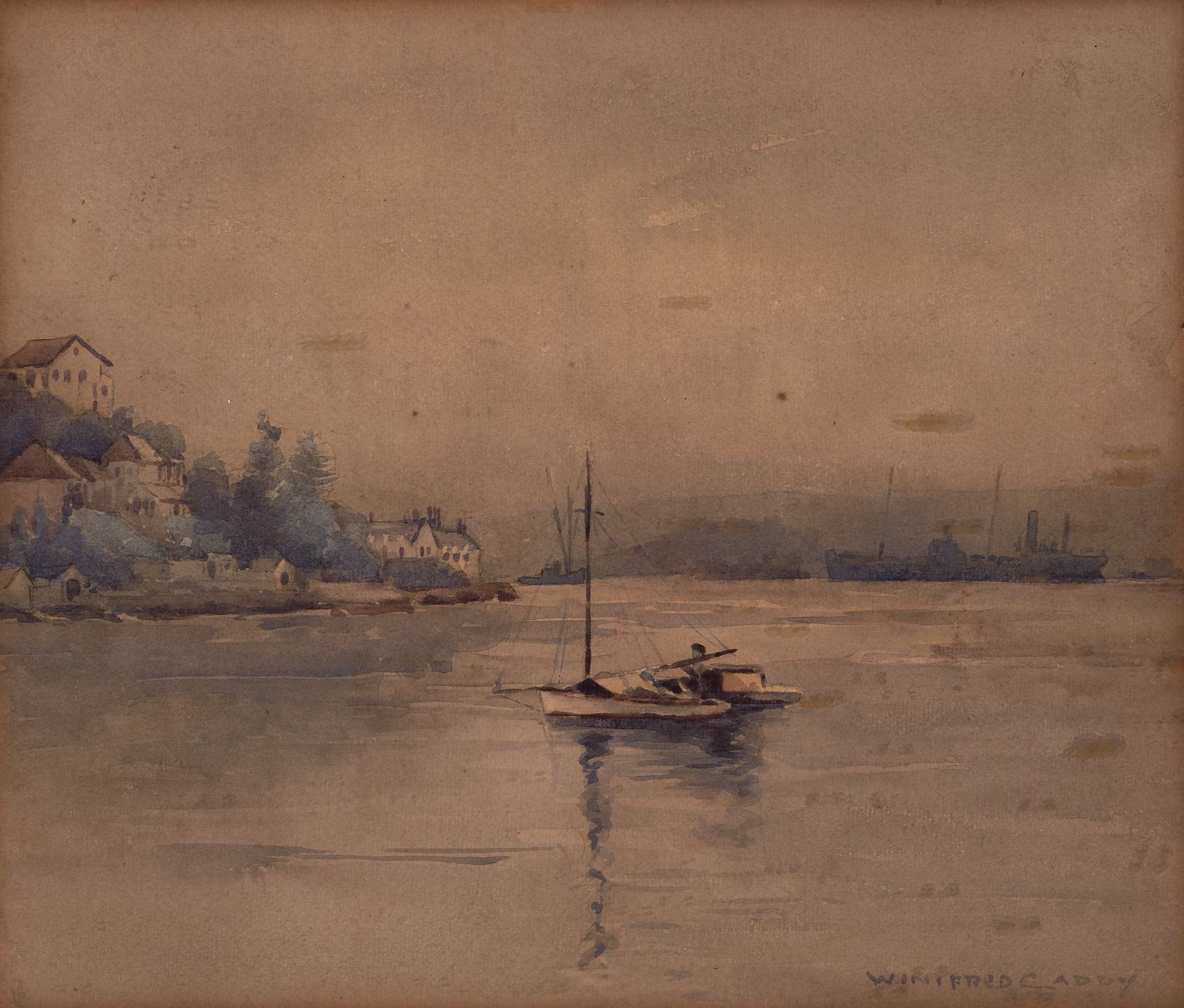 Artwork by Winifred Caddy, Misty Morning, Double Bay, Made of watercolour