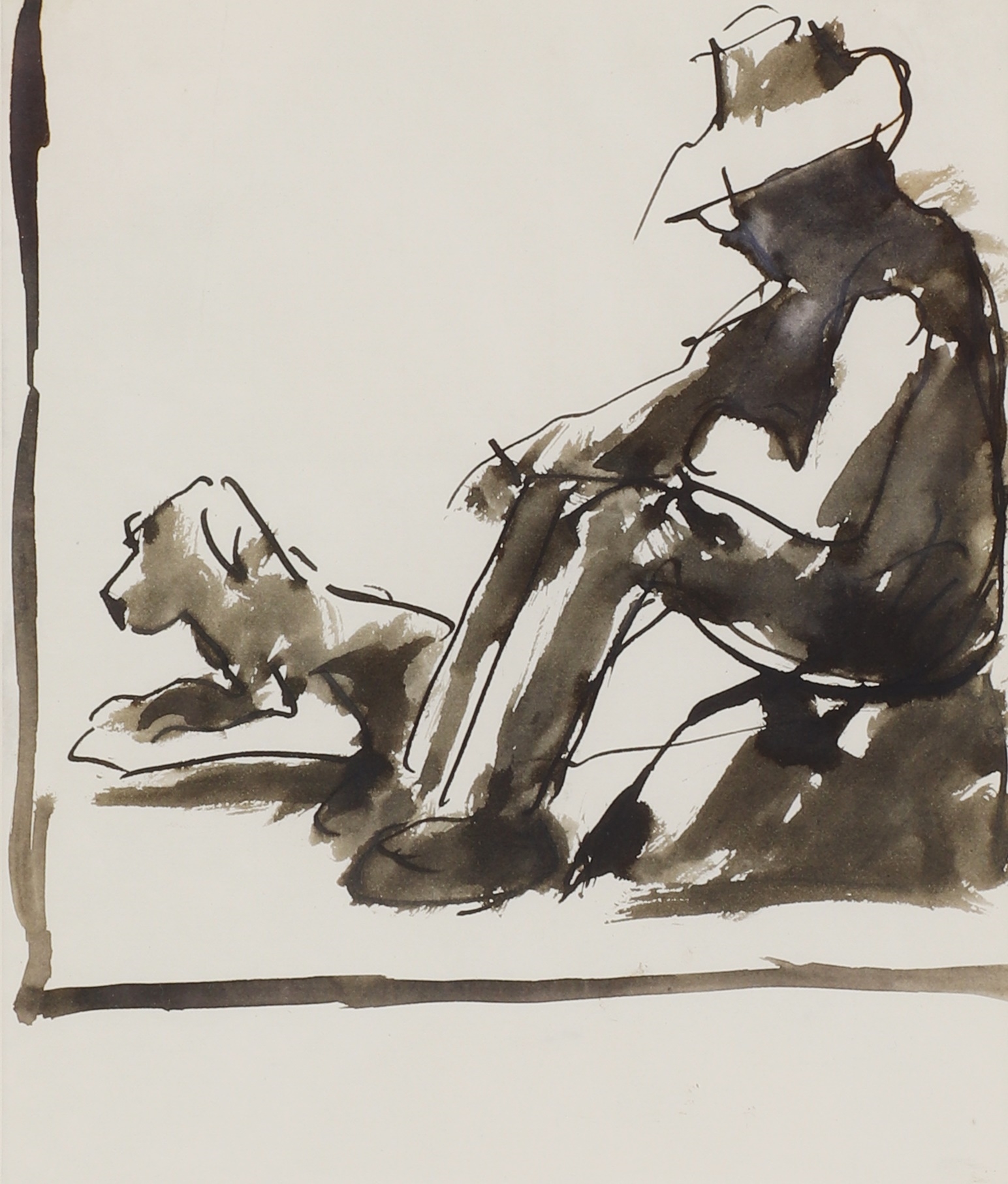 Artwork by Josef Herman, Man and dog, Made of pen and ink and wash