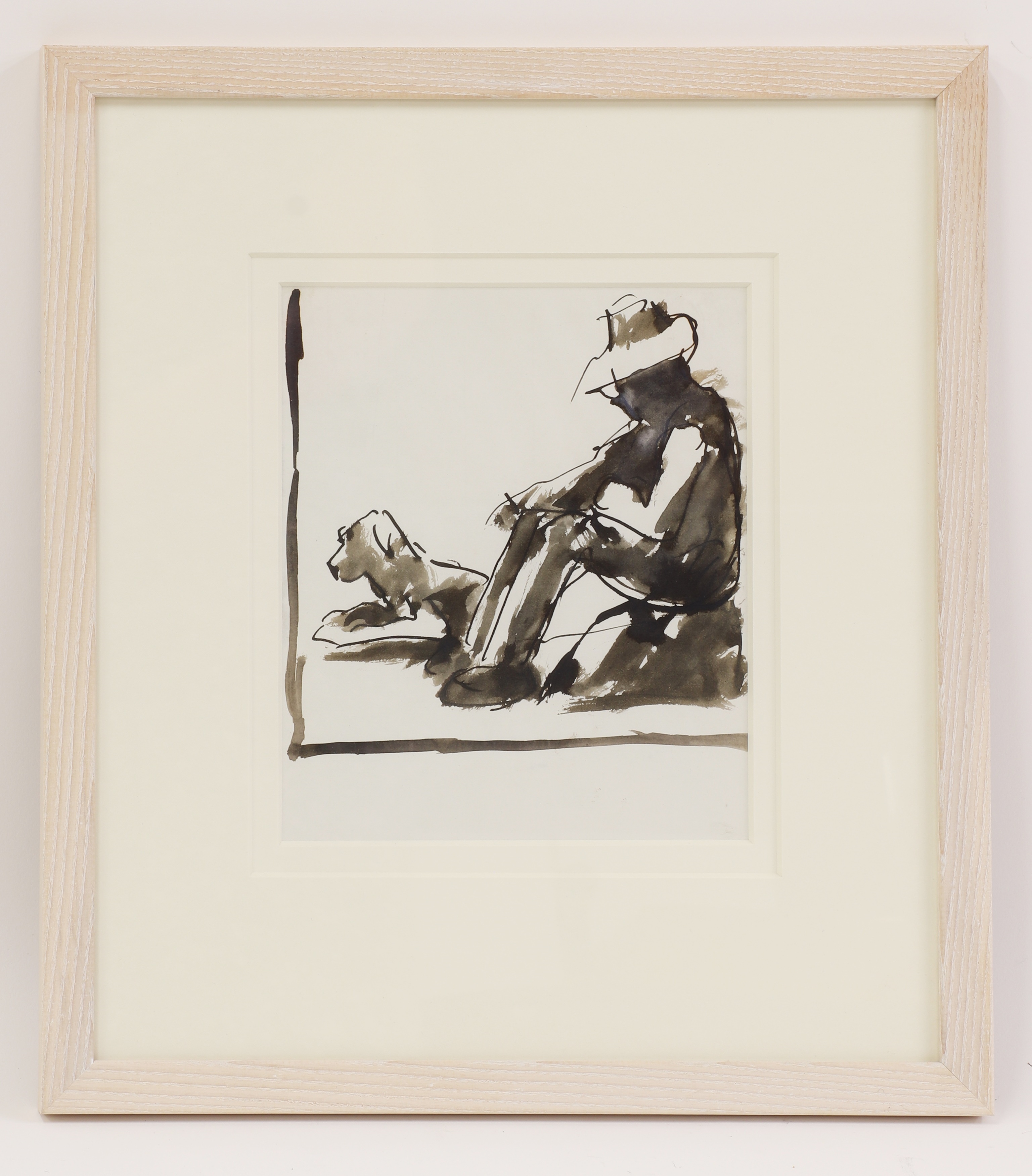 Artwork by Josef Herman, Man and dog, Made of pen and ink and wash