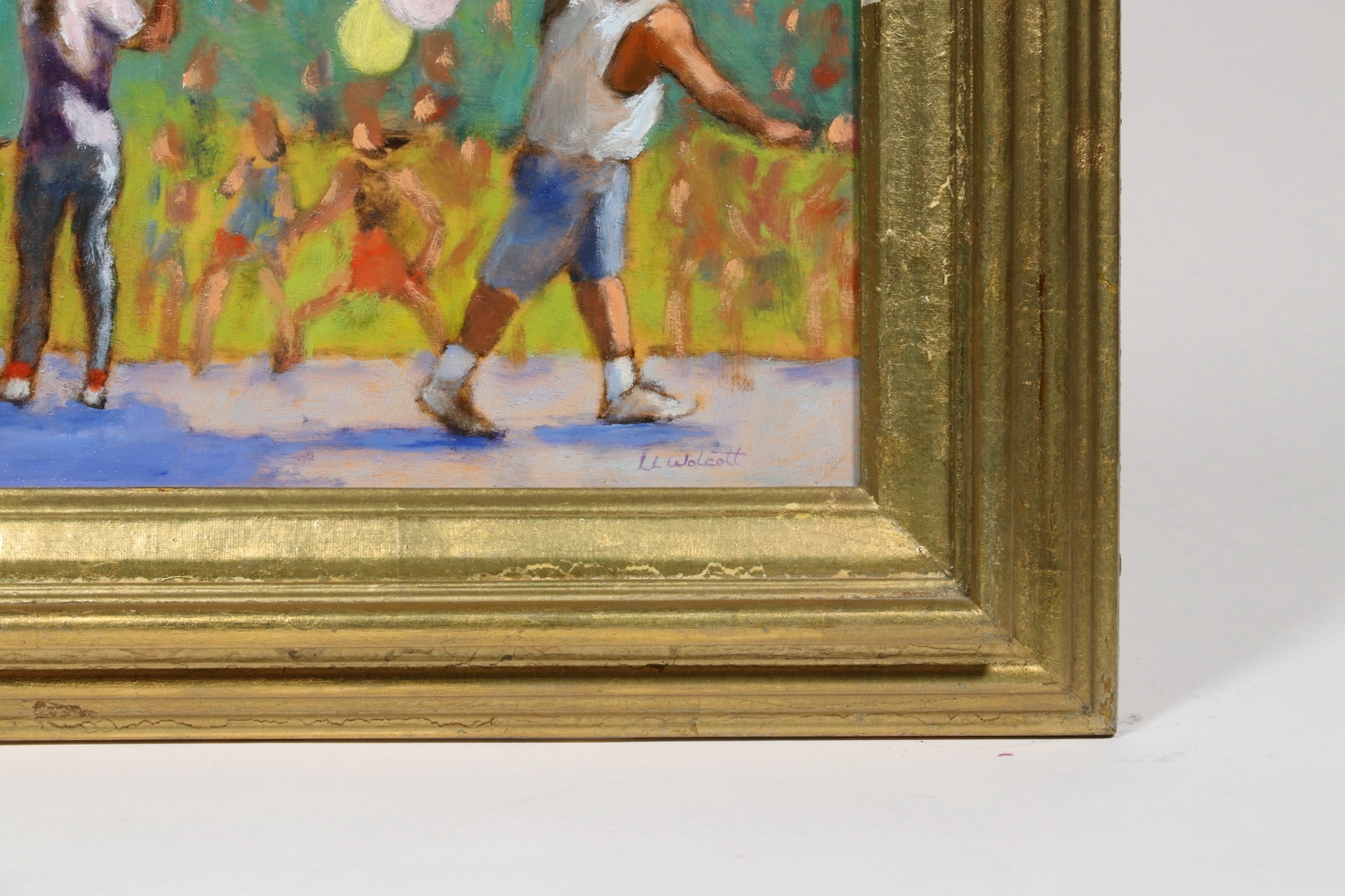 Artwork by Linda Low Wolcott, "Balloon Sellers", Made of oil on board