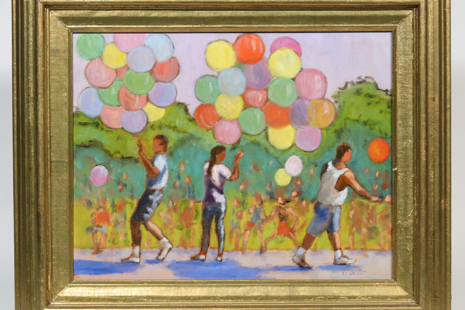 Artwork by Linda Low Wolcott, "Balloon Sellers", Made of oil on board