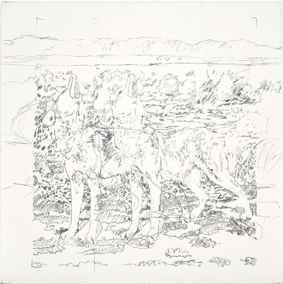 A monochromatic sketch of two wolves standing in a rugged landscape.