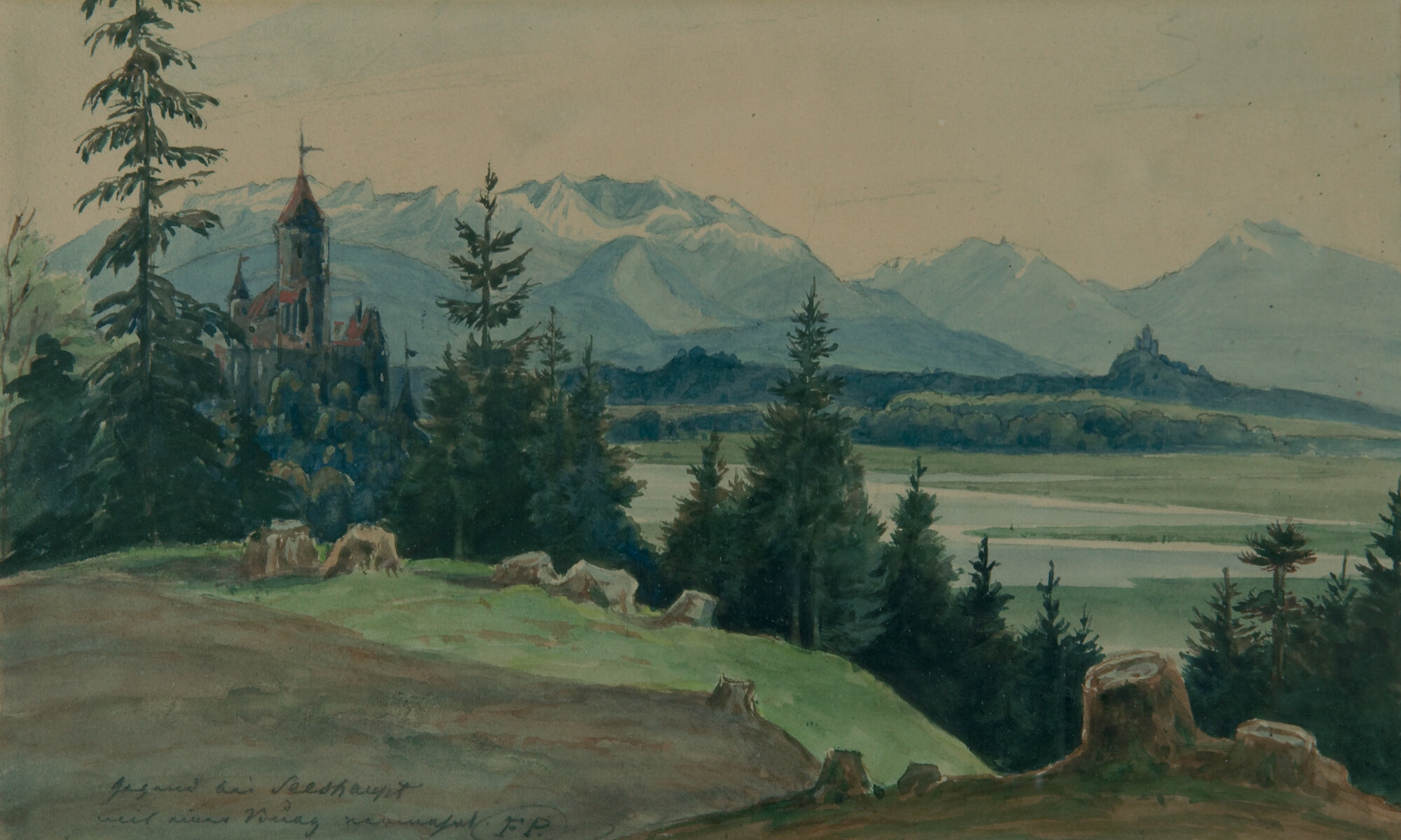 Artwork by Franz Graf von Pocci, “Gegend bei Seeshaupt mit einer Burg vermehrt”.