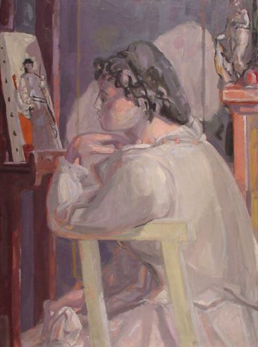 Sitting Female in Front of Canvas stand