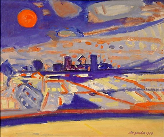 Nachtlandschaft mit Gaswerk Schlieren by Max Gubler, 1950