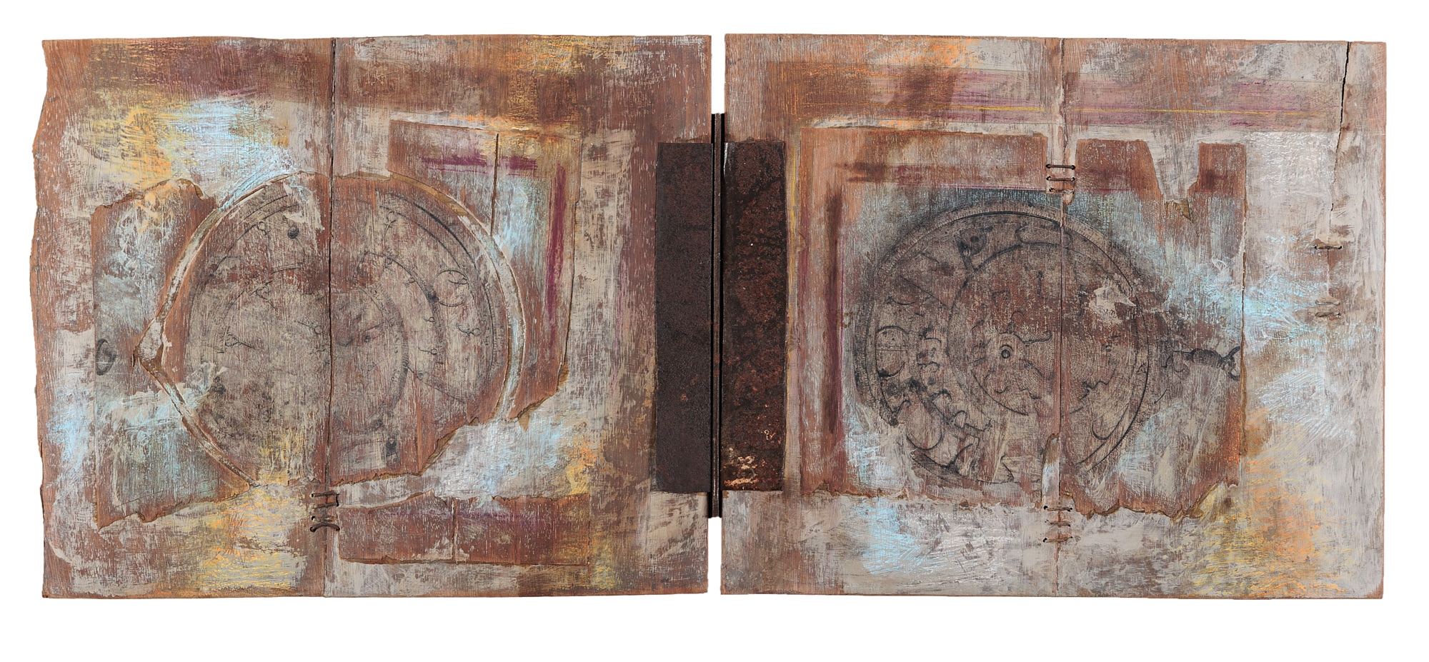 Artwork by Hassan Slaoui, ASTROLABES" SERIES, Made of Mixed media on a clay base (salsal); iroko wood